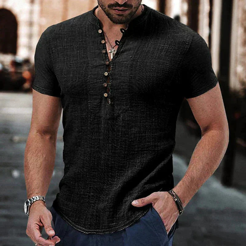 Men’s Short Sleeve Henley | Lightweight Cotton-Linen Blend | Casual Slim Fit Tee