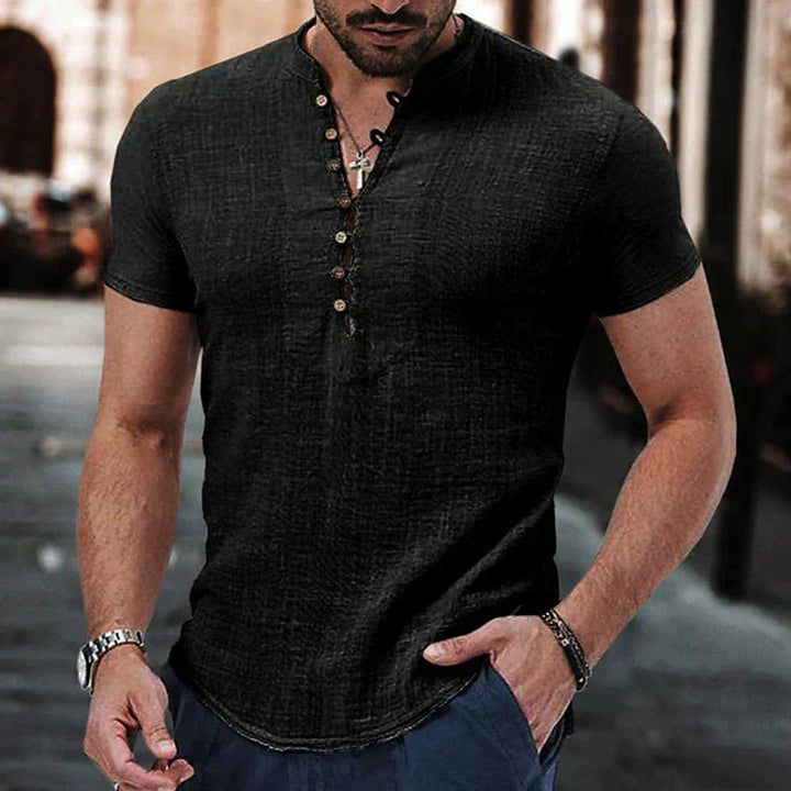 Men’s Short Sleeve Henley | Lightweight Cotton-Linen Blend | Casual Slim Fit Tee