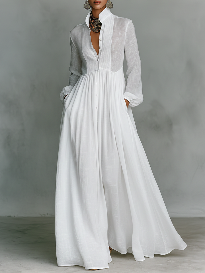 Veronica | Cotton Linen Maxi Dress with High Collar