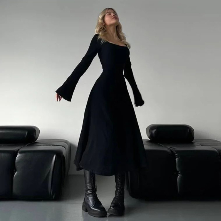 Cilicia™ | Classy Plain Flounce Long Sleeve Square Neck A-Line Maxi Dress
