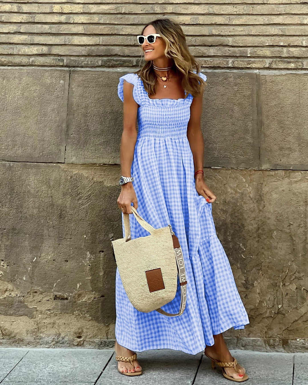 Nancy™ | Chic Retro Plaid Smocked Women Maxi Dress