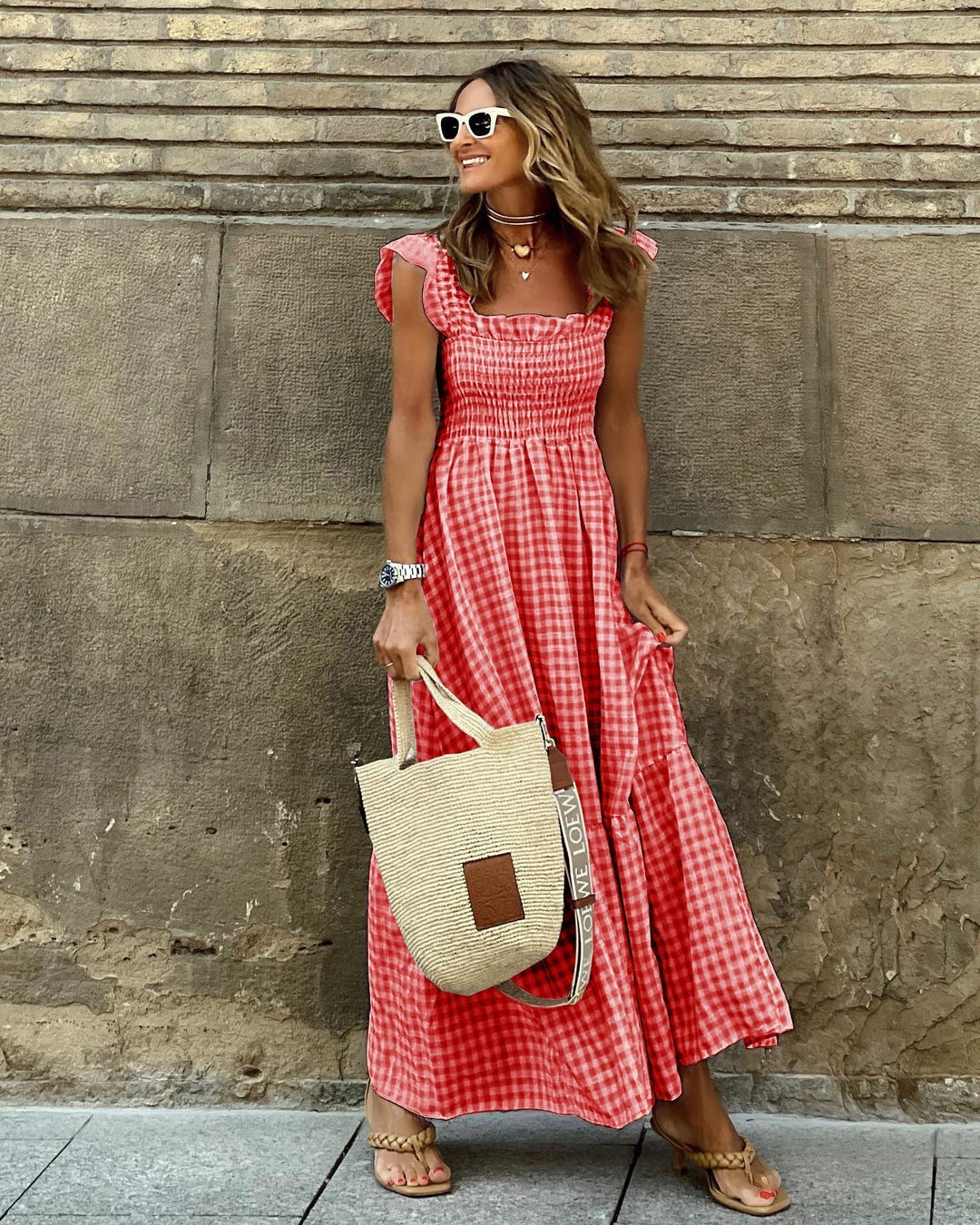 Nancy™ | Chic Retro Plaid Smocked Women Maxi Dress