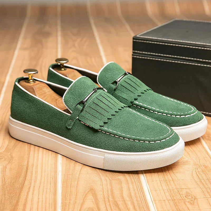Men’s Vegan Suede Slip-On Loafers | Fringe Detail | Casual Dress Hybrid