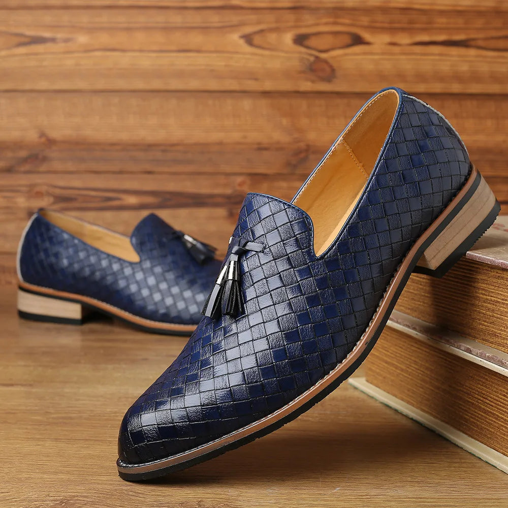 Men’s Woven Gloss Loafers | Slip-On Dress Shoes | Faux Leather Upper
