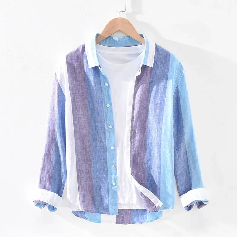 Striped Button-Up Shirt | Lightweight Linen Blend with Rolled Sleeves
