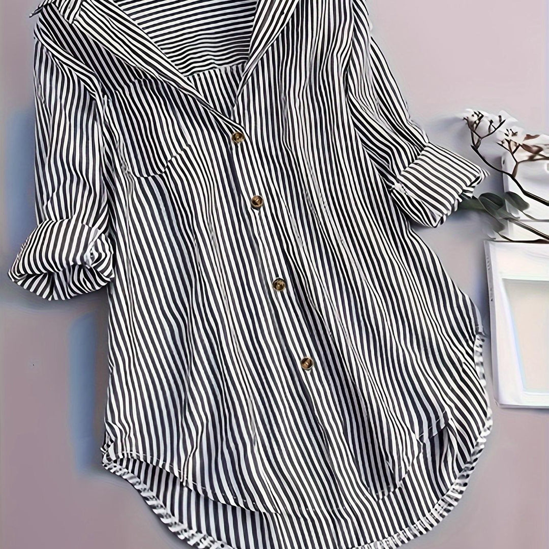 Penny | Striped Button-Down Hi-Low Blouse