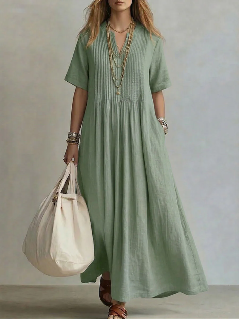 Louisiane | Pleated V-Neck Maxi Dress