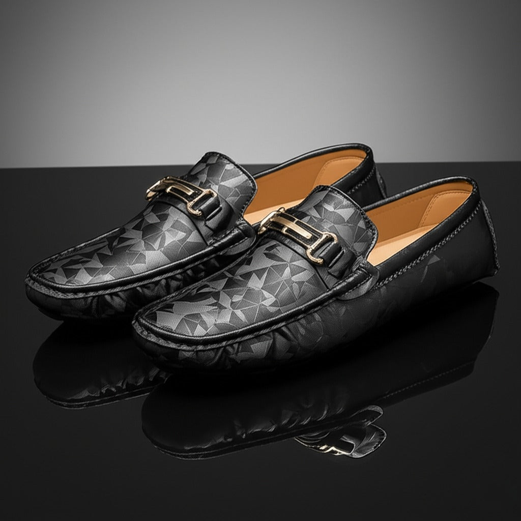 Geometric Leather Loafers | Slip-On Dress Shoe | Textured Finish